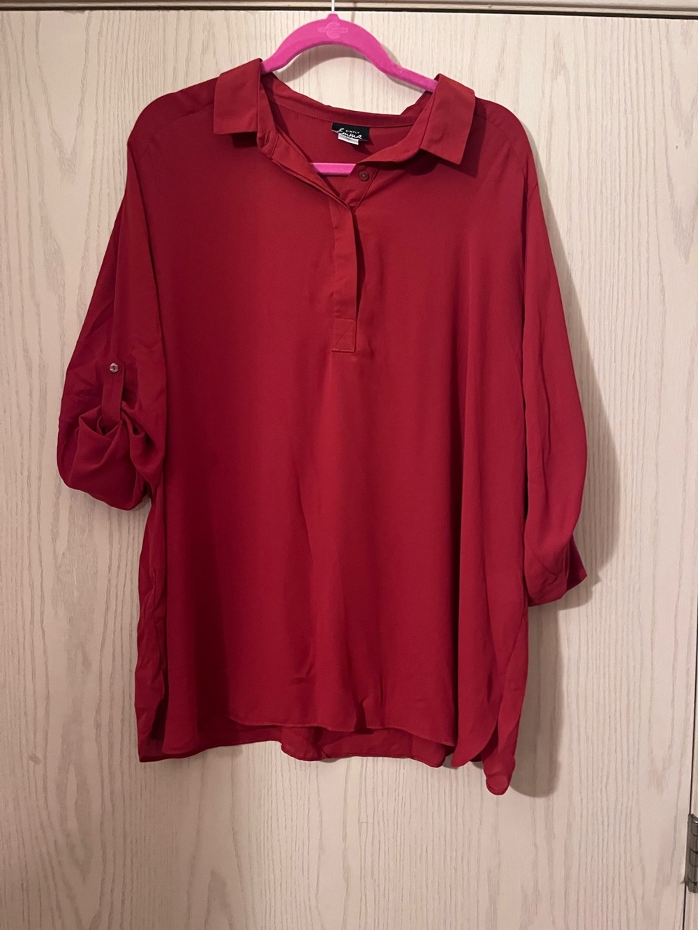Simply Emma Red Collared Roll‑Sleeve Blouse